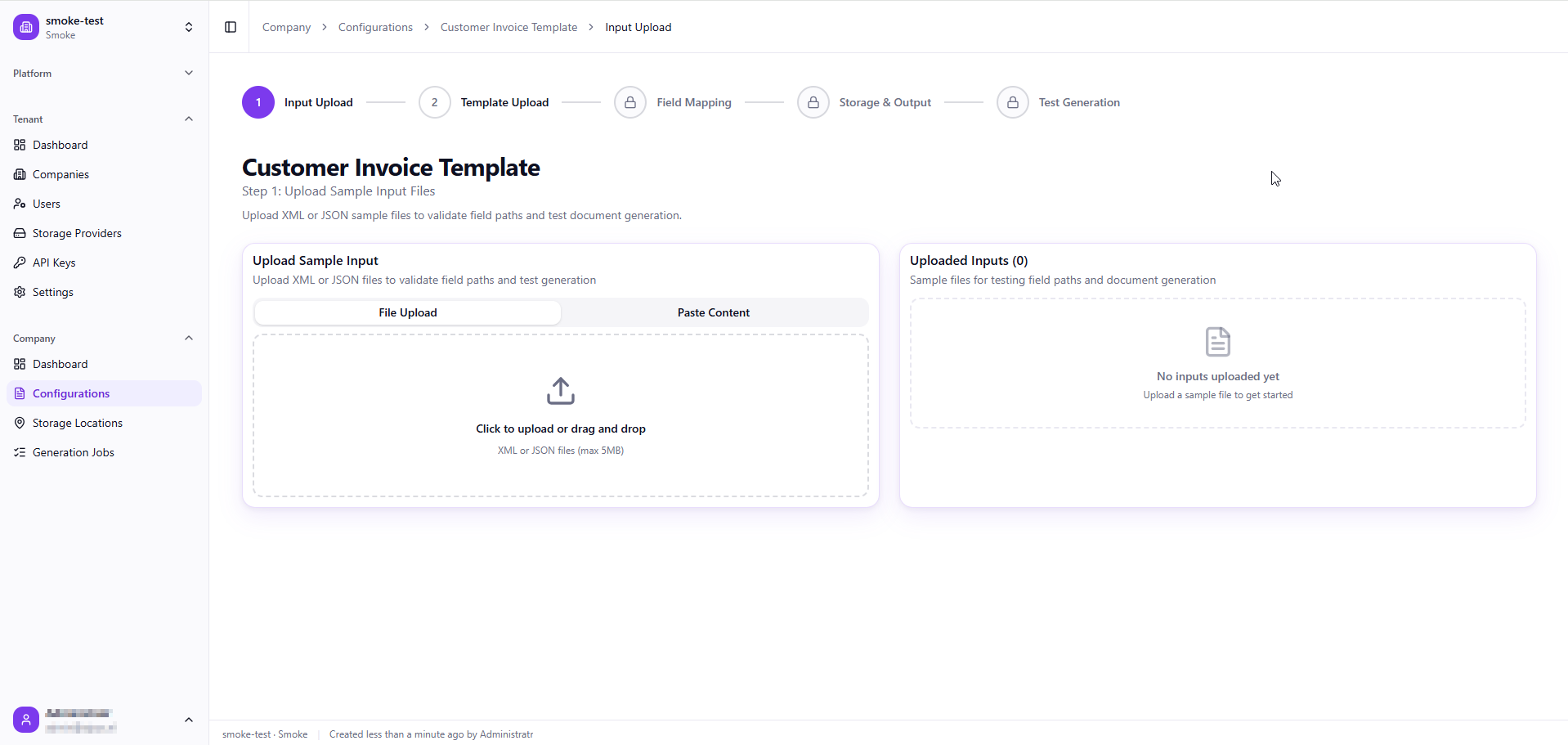 Schermafbeelding van SmartDocGen: de template-wizard met stappen voor invoer, sjabloon, veldkoppeling en testgeneratie